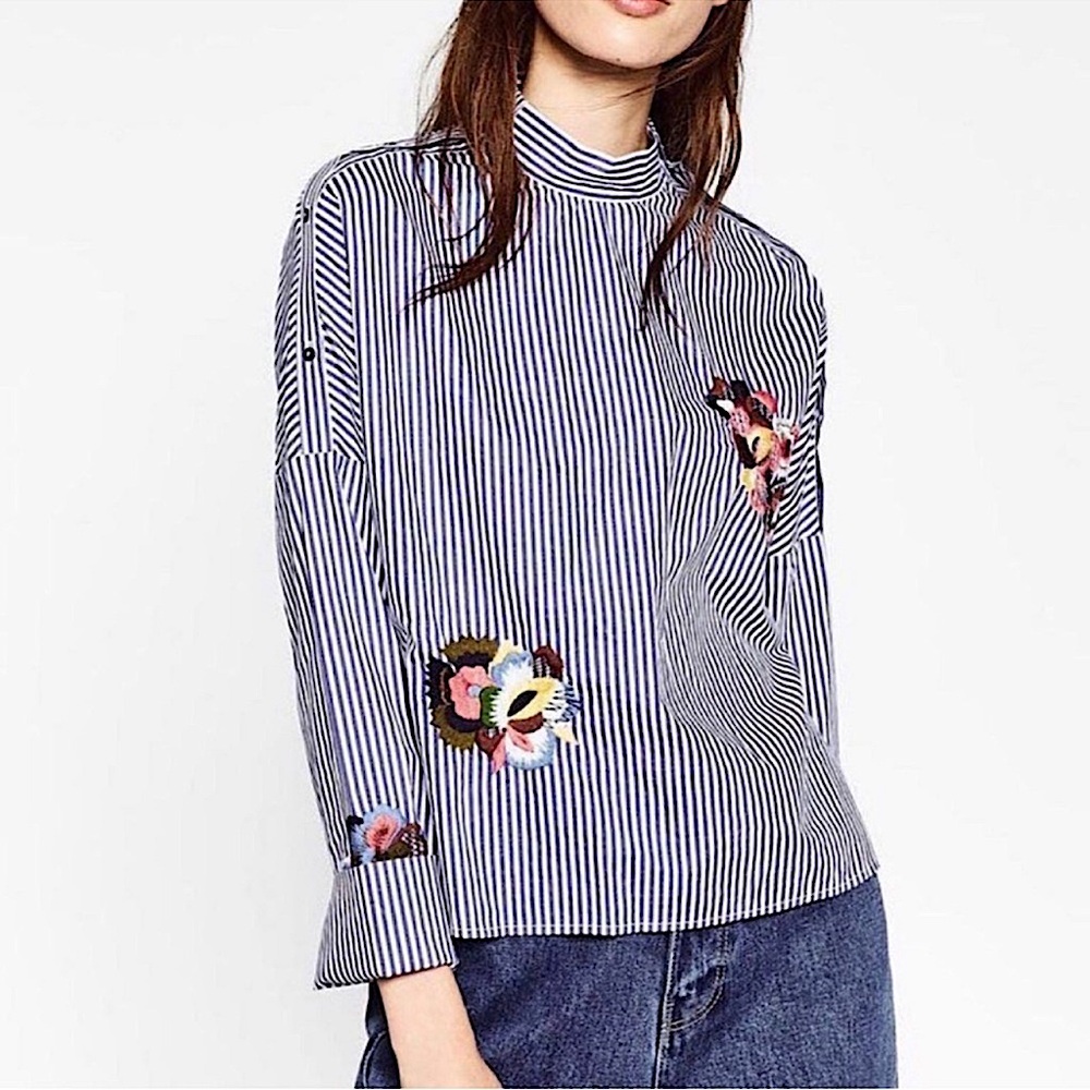 Zara Pinstriped Embroidered Blouse Women's Size Small